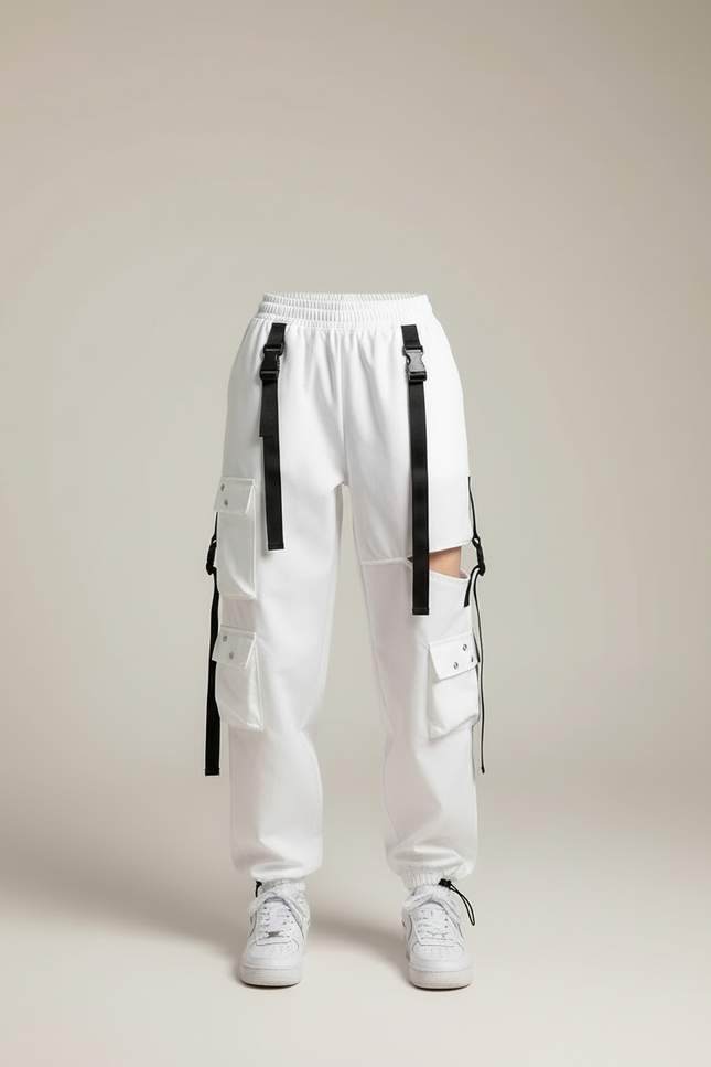 Pantalon Cargo Blanc Ample Multipoches Sangles Femme - Polyester - vue 3
