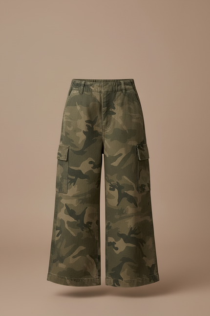 Pantalon Cargo Camouflage Ample Ceinturé Fille - Kaki Toile - vue 3