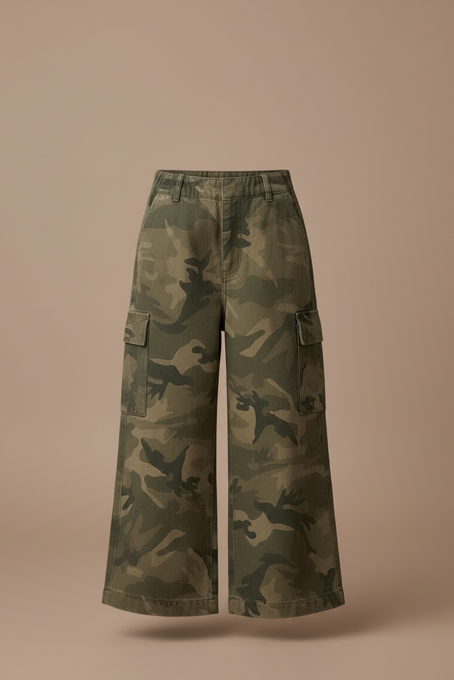 Pantalon Cargo Camouflage Ample Ceinturé Fille - Kaki Toile - vue 3