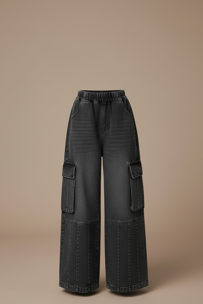 Pantalon Cargo Denim Ample Multipoches Fille - Gris Jean - vue 3