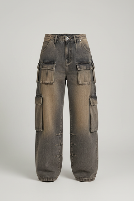 Pantalon Cargo Délavé Ample Multipoches Streetwear Femme - Gris Jean - vue 3