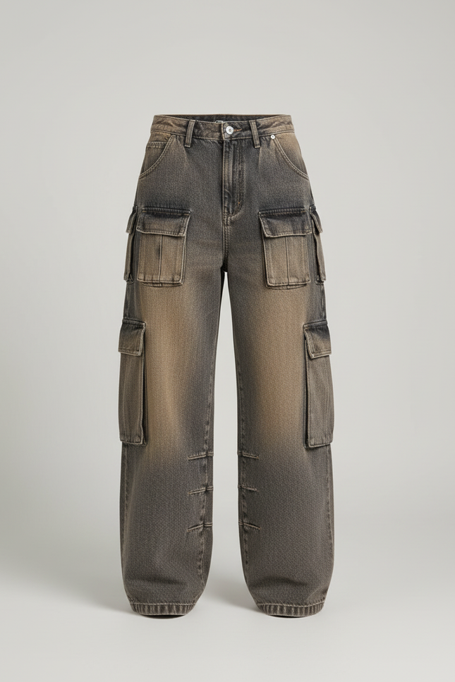 Pantalon Cargo Délavé Ample Multipoches Streetwear Femme - Gris Jean - vue 3