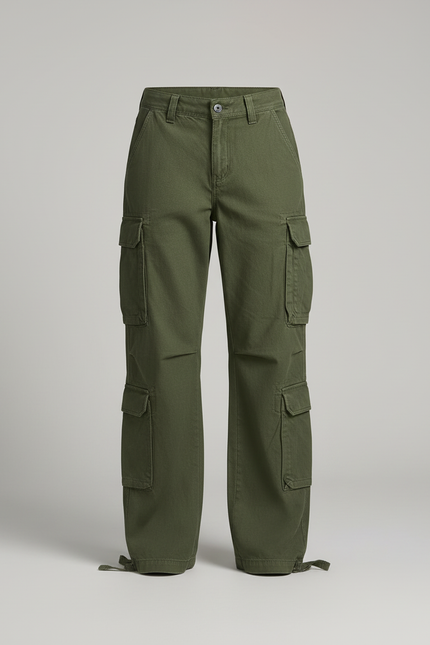Pantalon Cargo Vert Ample Multipoches Décontracté Femme - Kaki Toile - vue 3