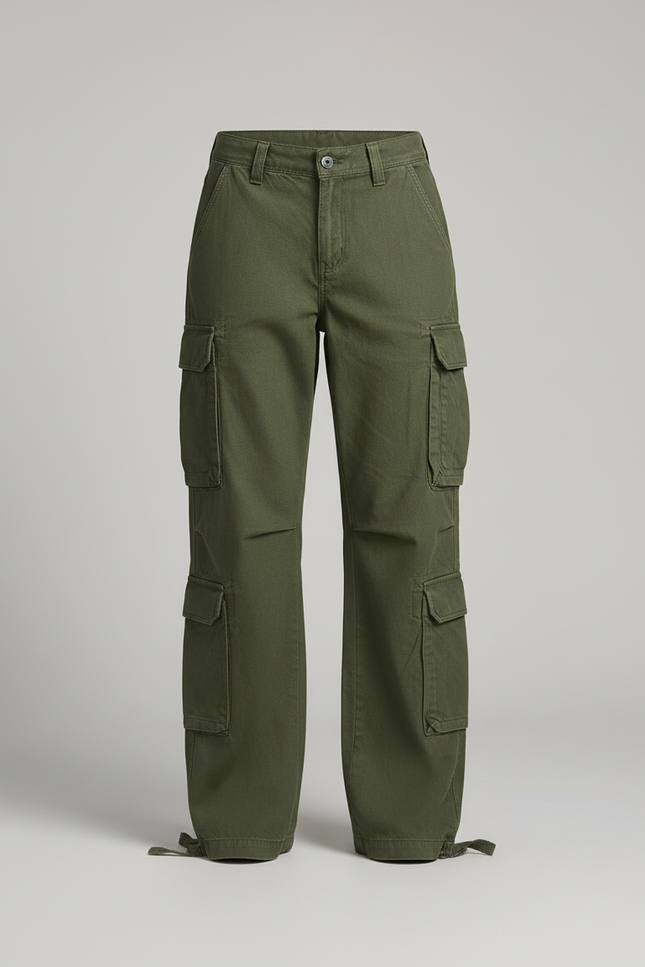 Pantalon Cargo Vert Ample Multipoches Décontracté Femme - Kaki Toile - vue 3