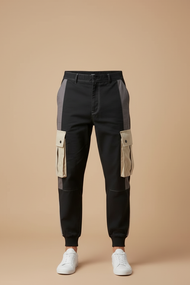 Pantalon Cargo Homme Noir Patchwork Poches Streetwear - Toile - vue 3