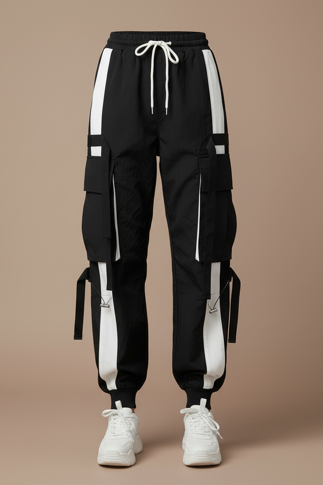 Pantalon Cargo Noir Blanc Ample Multipoches Streetwear Femme - Polyester - vue 3