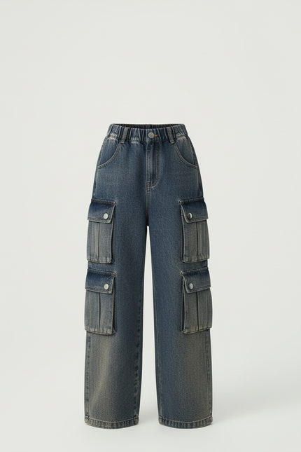 Pantalon Cargo Fille Denim Ample Poches Latérales - Bleu Jean - vue 3