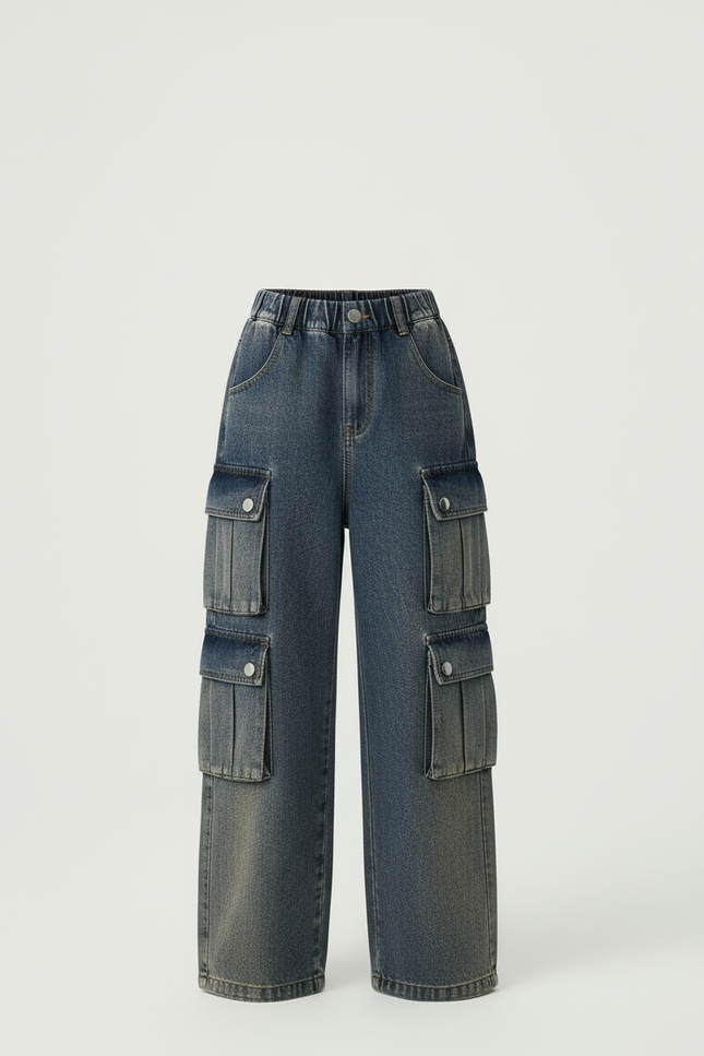 Pantalon Cargo Fille Denim Ample Poches Latérales - Bleu Jean - vue 3