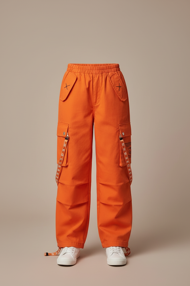 Pantalon Cargo Orange Ample Sangles Coton Enfant - vue 3