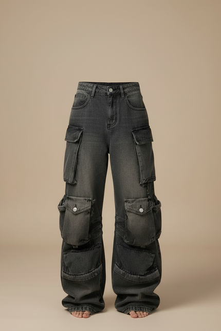 Pantalon Cargo Denim Délavé Ample Multipoches Femme - Gris Jean - vue 3