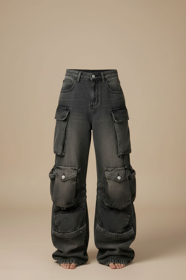 Pantalon Cargo Denim Délavé Ample Multipoches Femme - Gris Jean - vue 3