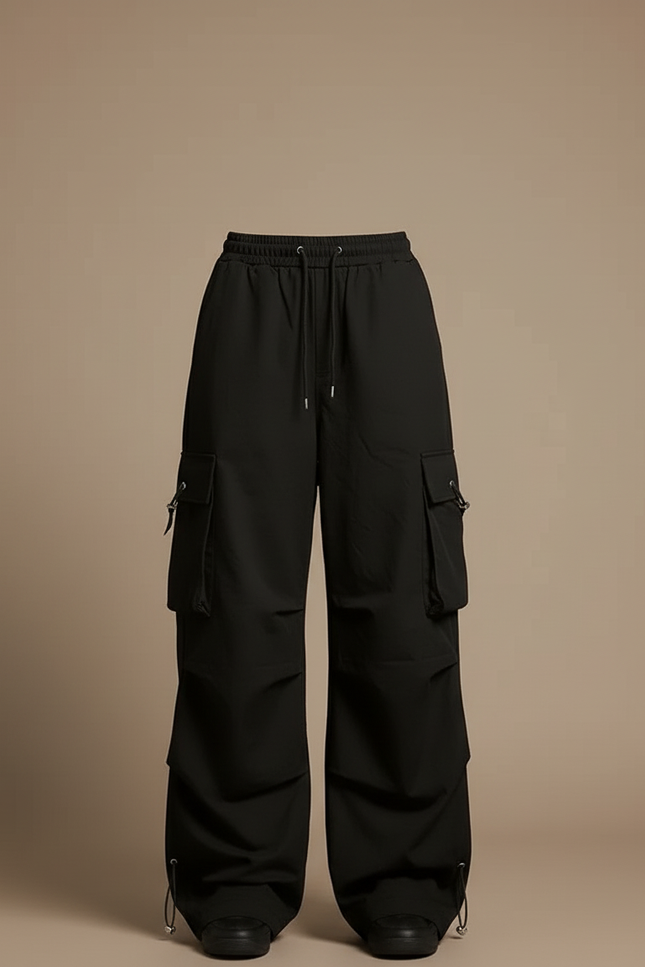Pantalon Cargo Noir Ample Fluide Multipoches Femme - Polyester - vue 3
