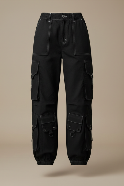Pantalon Cargo Noir Ample Multipoches Chaînes Streetwear - Toile - vue 3