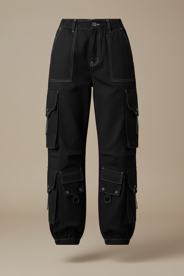 Pantalon Cargo Noir Ample Multipoches Chaînes Streetwear - Toile - vue 3