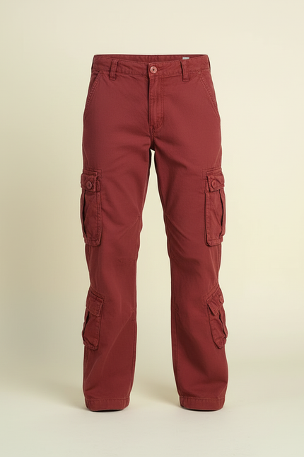 Pantalon Cargo Rouge Brique Ample Multipoches Décontracté - Bordeaux Coton - vue 3