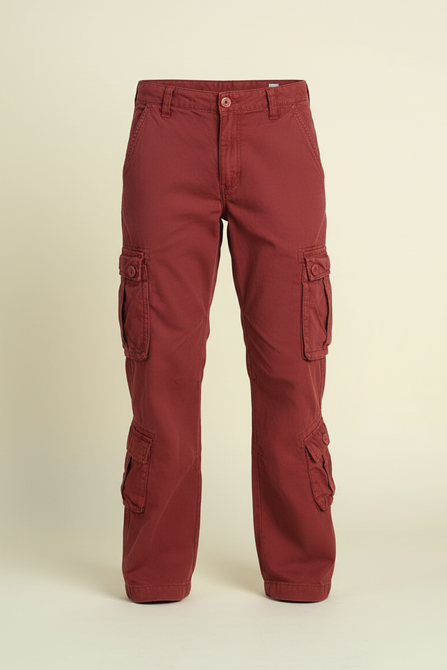 Pantalon Cargo Rouge Brique Ample Multipoches Décontracté - Bordeaux Coton - vue 3