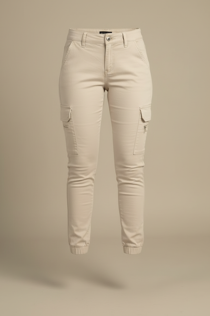 Pantalon Cargo Beige Slim Coton Femme Élégant - Gabardine - vue 3