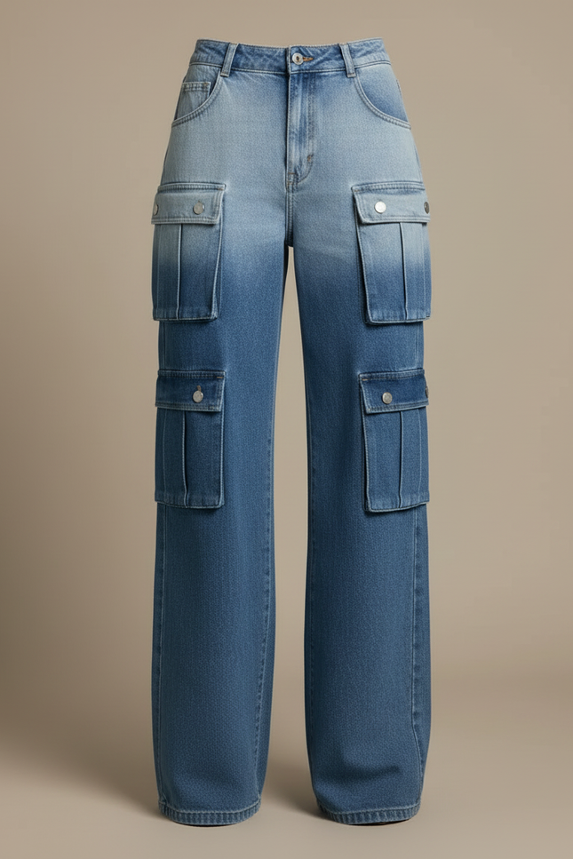 Pantalon Cargo Denim Ample Bleu Délavé Multipoches Femme - Jean - vue 3