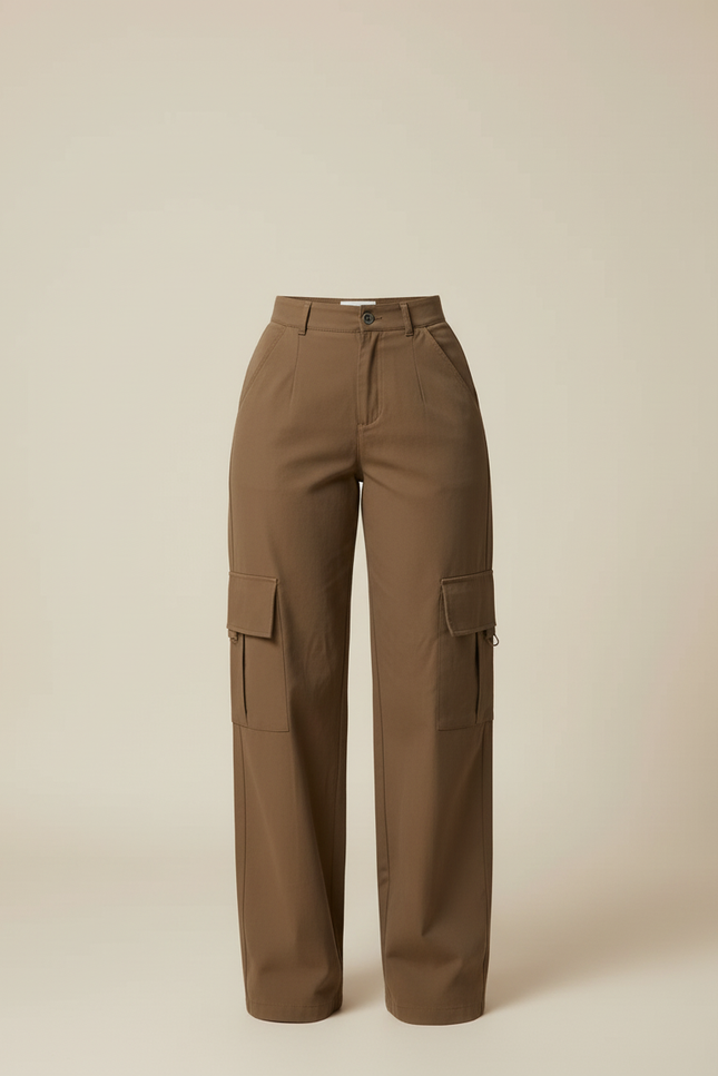 Pantalon Cargo Marron Ample Taille Haute Femme - Kaki Gabardine - vue 3