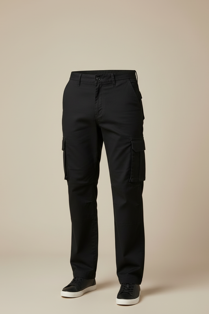 Pantalon Cargo Noir Coton Multipoches Décontracté Coupe Droite - vue 3