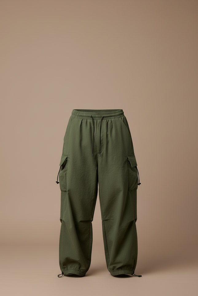 Pantalon Cargo Vert Ample Cordon Streetwear Décontracté - Kaki Toile - vue 3