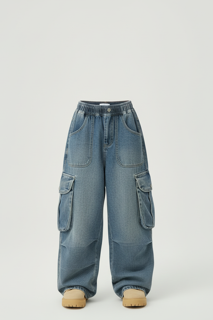 Pantalon Cargo Denim Ample Multipoches Enfant Décontracté - Bleu Jean - vue 3