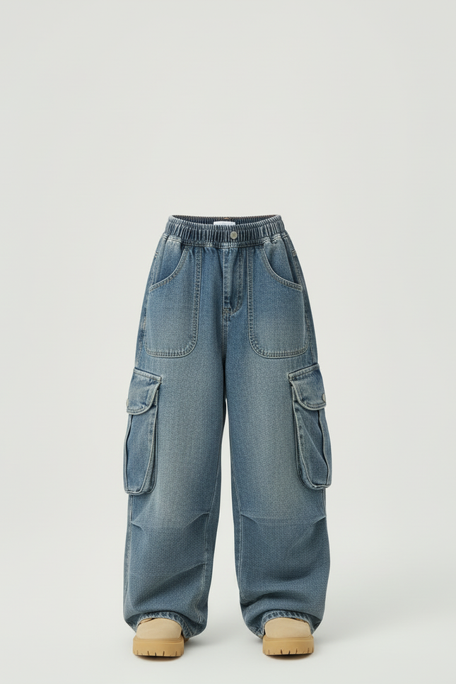 Pantalon Cargo Denim Ample Multipoches Enfant Décontracté - Bleu Jean - vue 3