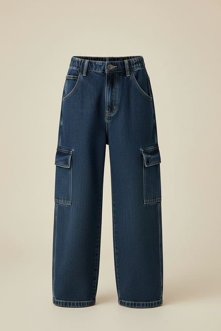 Pantalon Cargo Denim Ample Garçon Multipoches - Marine Jean - vue 3