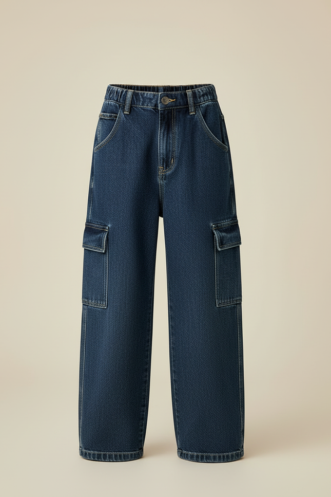 Pantalon Cargo Denim Ample Garçon Multipoches - Marine Jean - vue 3