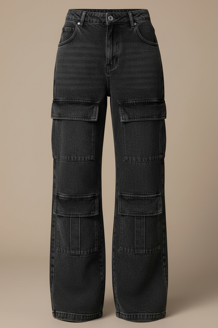 Pantalon Cargo Jean Large Délavé Multipoches Femme - Noir - vue 3