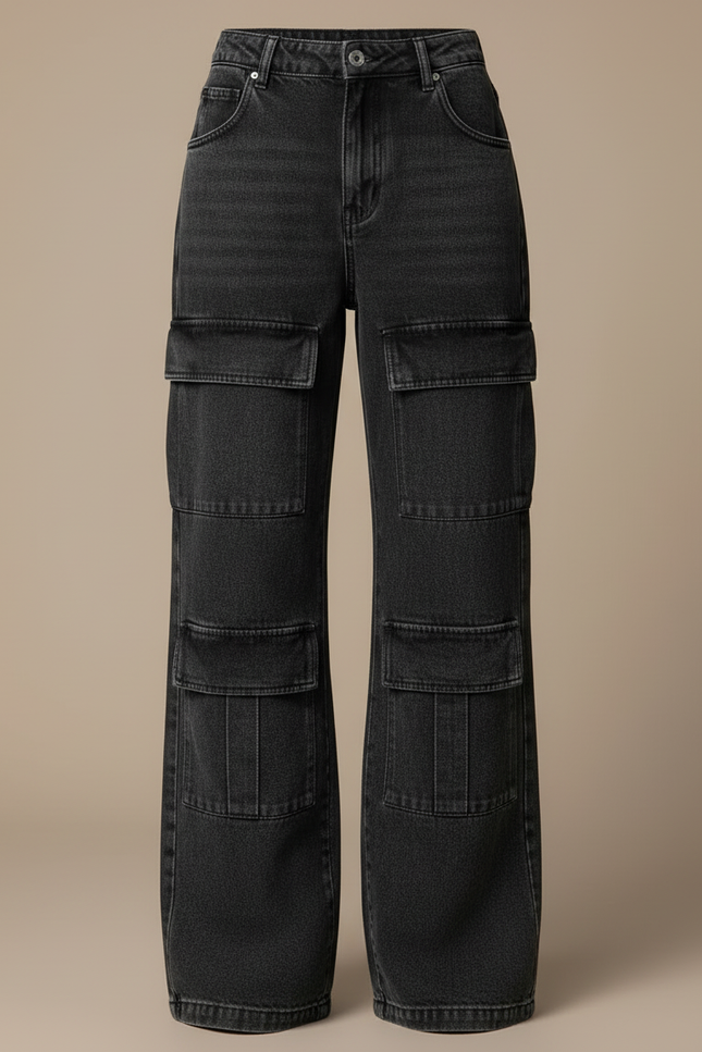 Pantalon Cargo Jean Large Délavé Multipoches Femme - Noir - vue 3