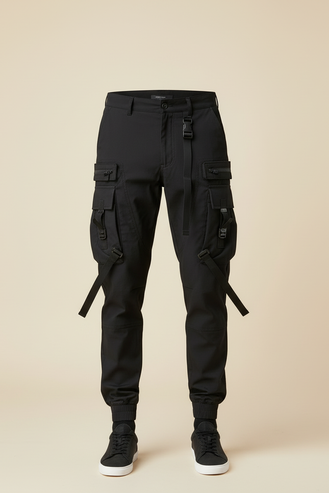 Pantalon Cargo Noir Tactique Multipoches Ajusté Homme - Toile - vue 3