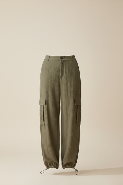 Pantalon Cargo Vert Ample Fluide Décontracté Femme - Kaki Viscose - vue 3