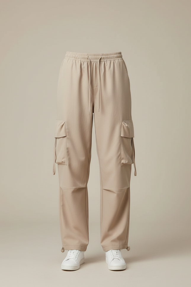 Pantalon Cargo Beige Ample Multipoches Cordon Décontracté - Polyester - vue 3