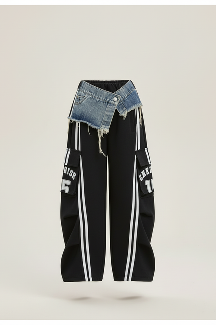 Pantalon Cargo Noir Large Denim Rayures Blanches - Molleton - vue 3