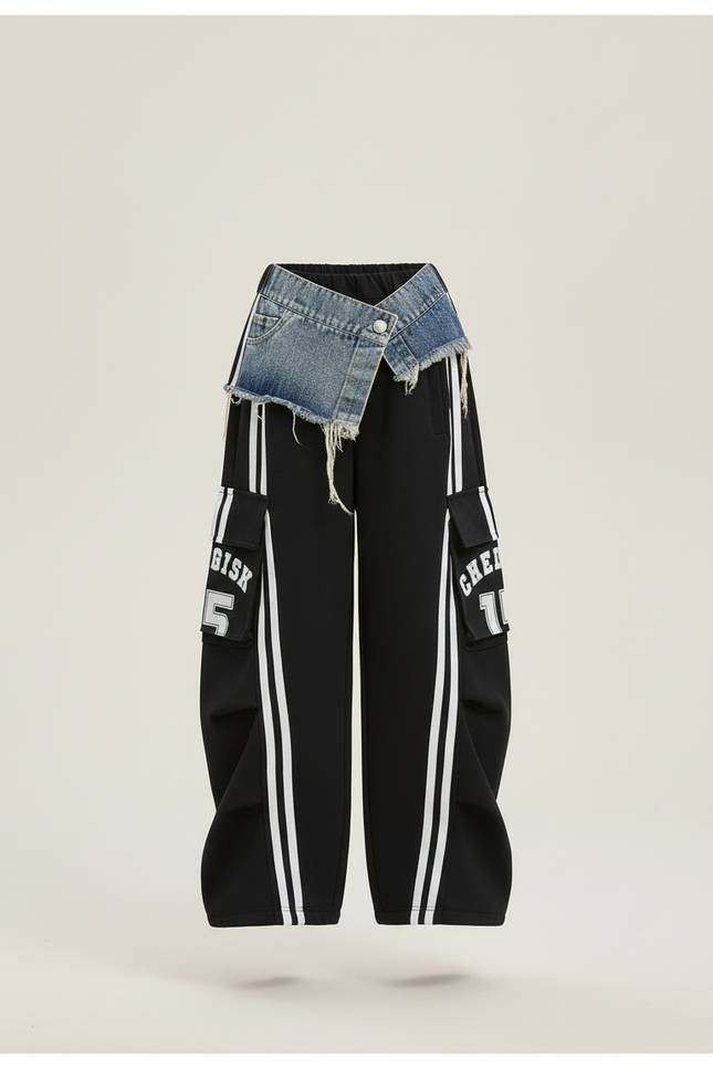 Pantalon Cargo Noir Large Denim Rayures Blanches - Molleton - vue 3