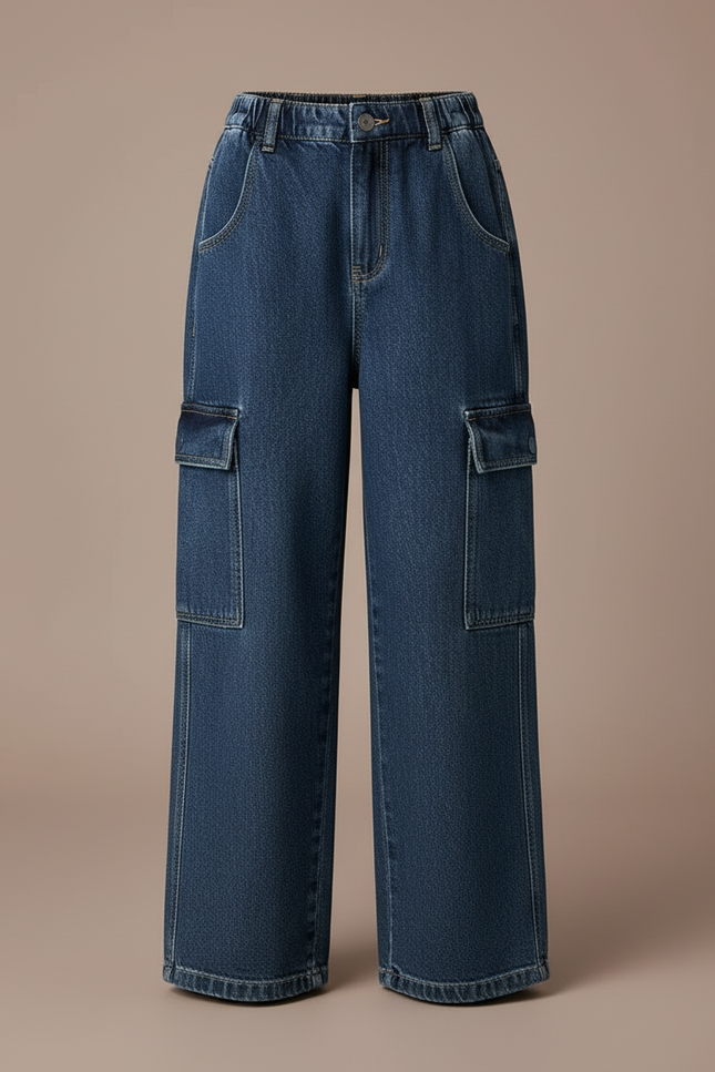 Pantalon Cargo Denim Ample Poches Latérales - Bleu Jean - vue 3