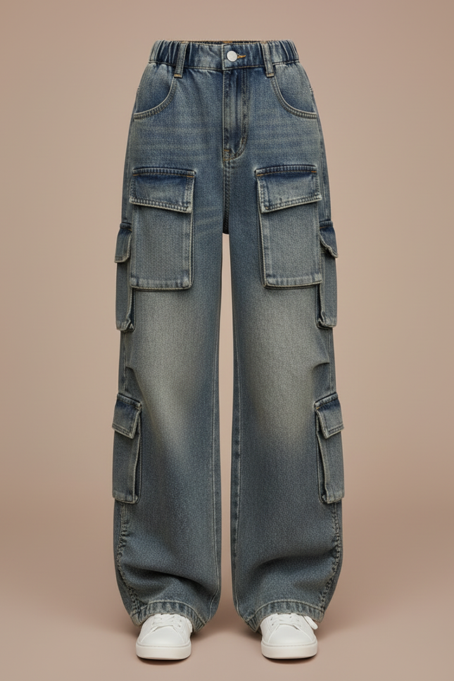 Pantalon Cargo Denim Ample Vintage Multipoches Enfant - Bleu Jean - vue 3