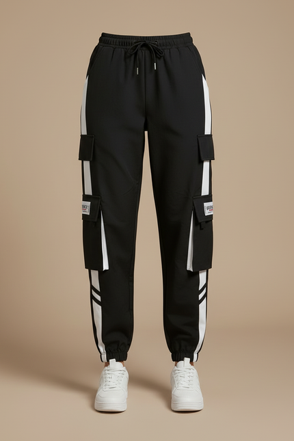 Pantalon Cargo Noir Rayures Blanches Multipoches Femme - Polyester - vue 3
