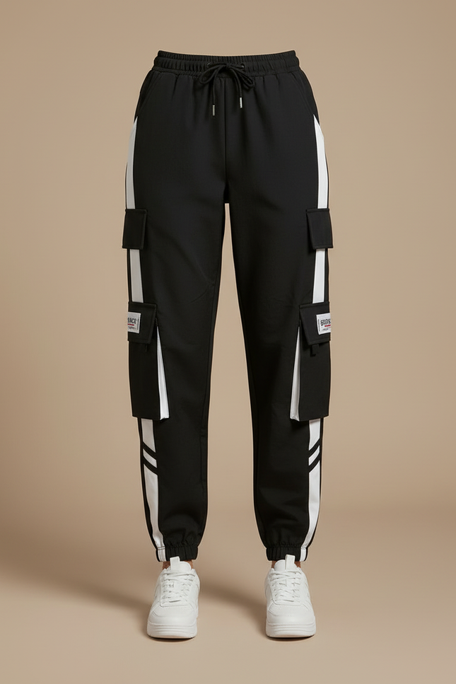 Pantalon Cargo Noir Rayures Blanches Multipoches Femme - Polyester - vue 3