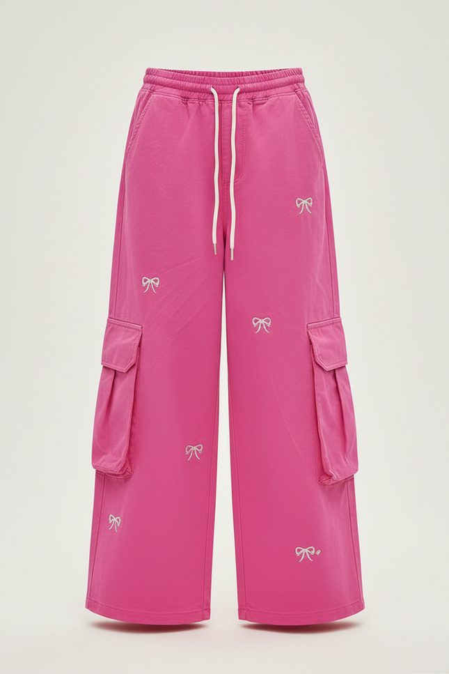 Pantalon Cargo Rose Ample Brodé Multipoches Enfant - Toile - vue 3