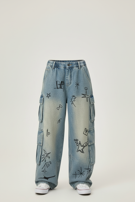 Pantalon Cargo Jean Ample Graffiti Fille Délavé - Bleu - vue 3