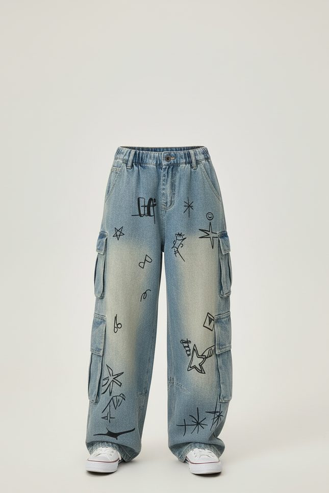 Pantalon Cargo Jean Ample Graffiti Fille Délavé - Bleu - vue 3