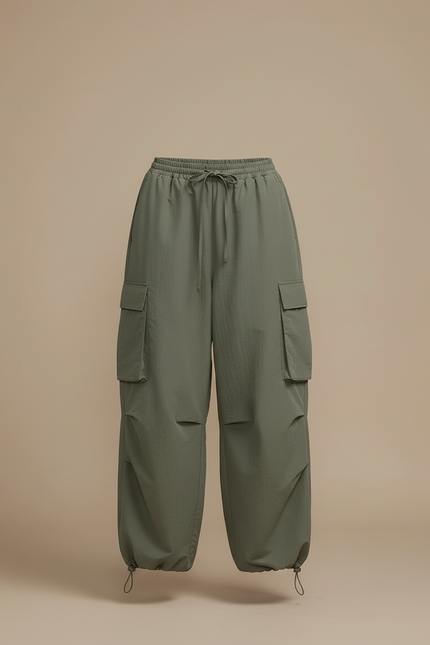Pantalon Cargo Vert Large Oversize Streetwear Femme - Kaki Polyester - vue 3