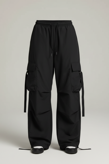 Pantalon Cargo Noir Ample Streetwear Fluide - Polyester - vue 3