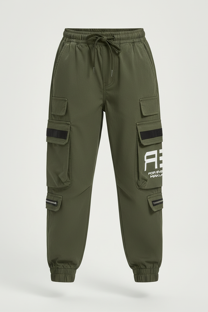 Pantalon Cargo Vert Militaire Ample Multipoches Enfant - Kaki Polyester - vue 3