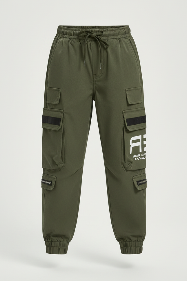 Pantalon Cargo Vert Militaire Ample Multipoches Enfant - Kaki Polyester - vue 3