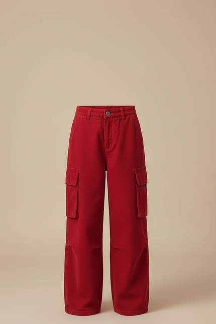 Pantalon Cargo Rouge Ample Fille Multipoches Décontracté - Cordé - vue 3