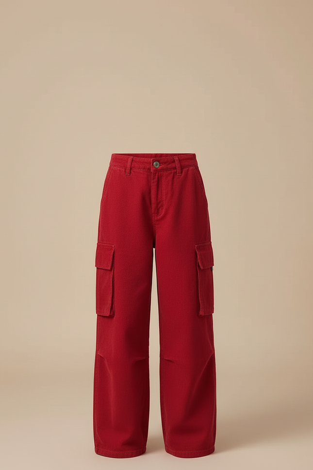 Pantalon Cargo Rouge Ample Fille Multipoches Décontracté - Cordé - vue 3
