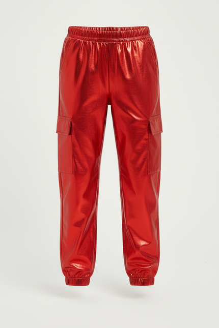 Pantalon Cargo Rouge Brillant Métallique Ample Enfant - Simili cuir - vue 3